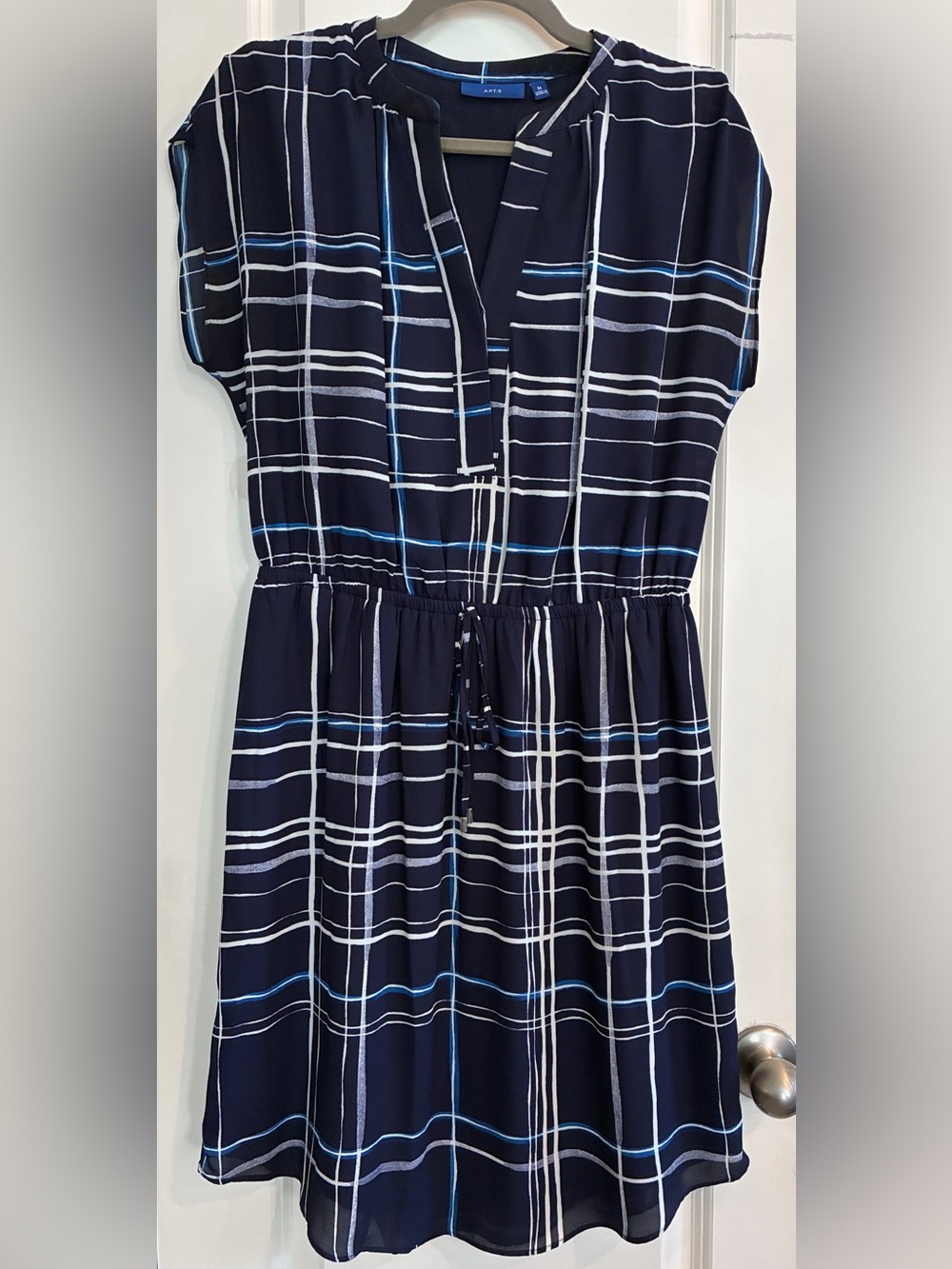 Apt. 9 Navy Plaid V-Neck Drawstring Waist Mini Dress